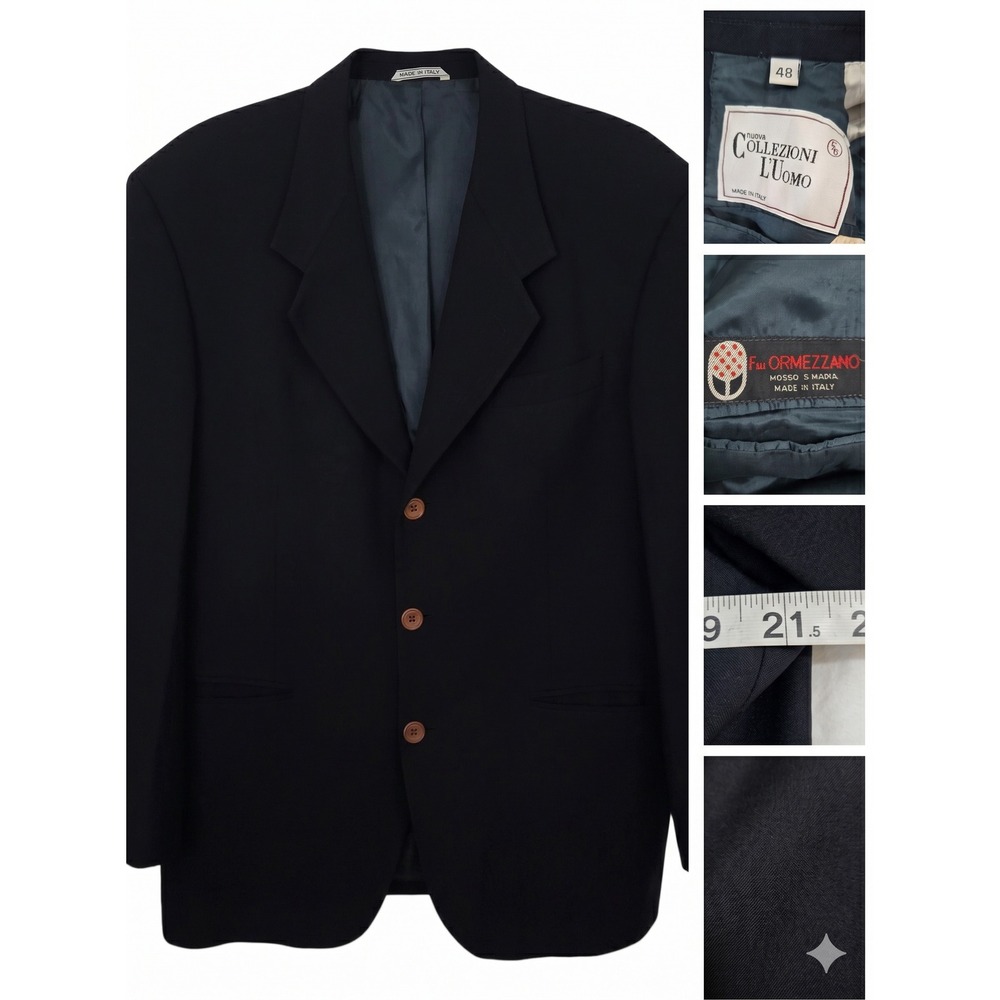 Vintage Collezione LUomo Italy Wool Blazer 40R 42R Black Ormezzano Fabric 90s